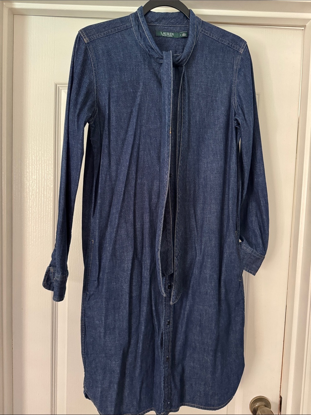 Lauren Ralph Lauren Indigo Denim Long-Sleeve Shirt Dress with Neck Tie